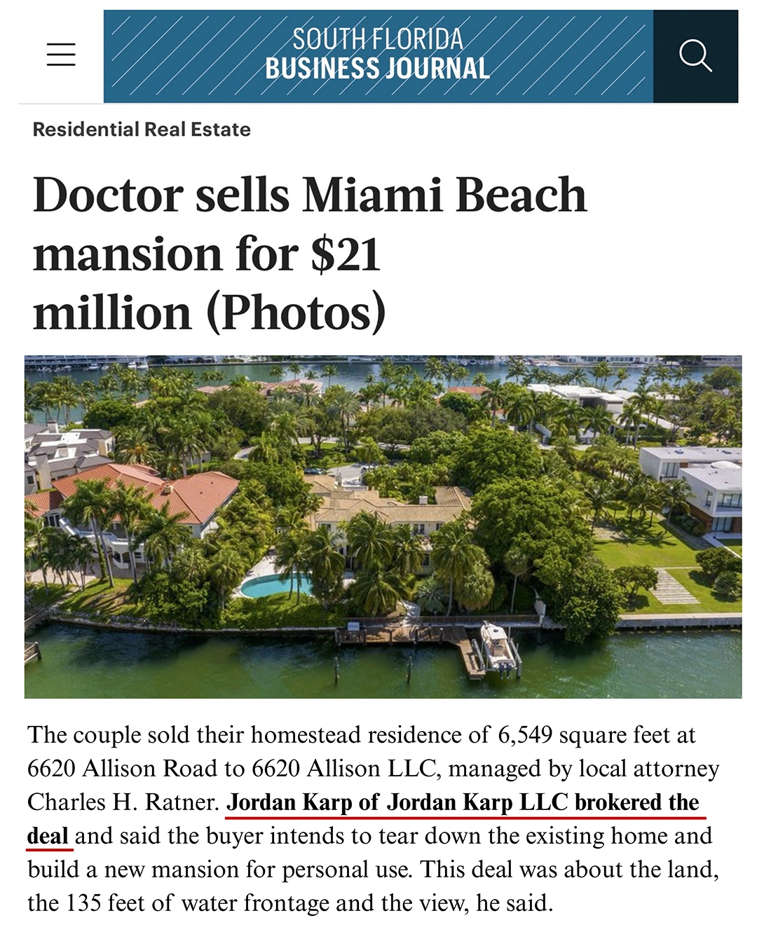 Doctor sells Miami Beach mansion for $21 million